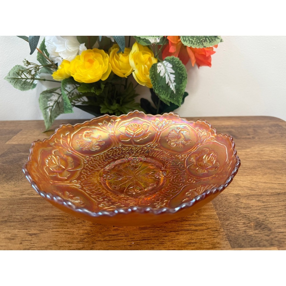 Vintage Fenton Dragon and‎ Lotus Carnival Glass Bowl Marigold Iridescent Pattern